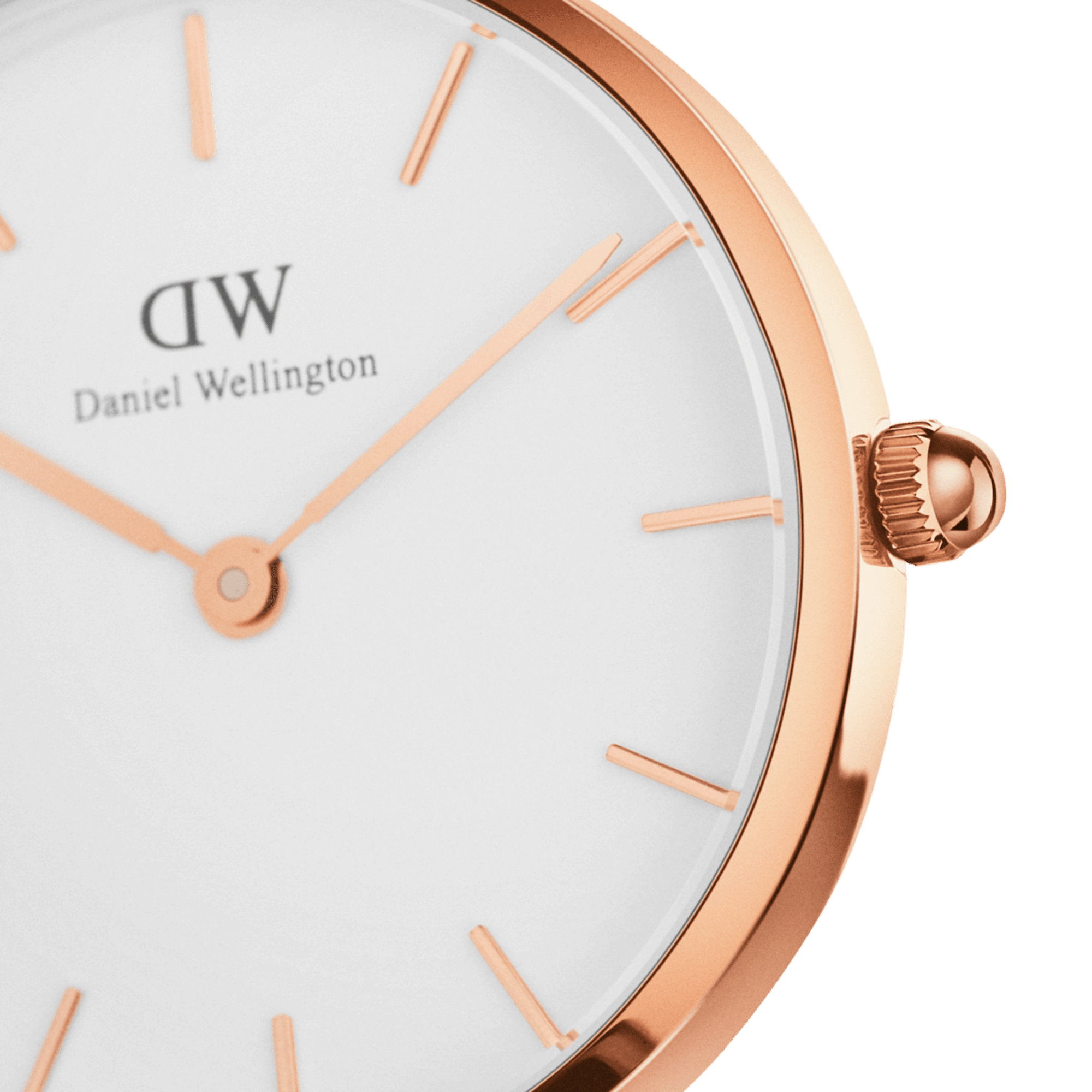 Close-up of white dial with rose gold hands and hour markers, Daniel Wellington logo