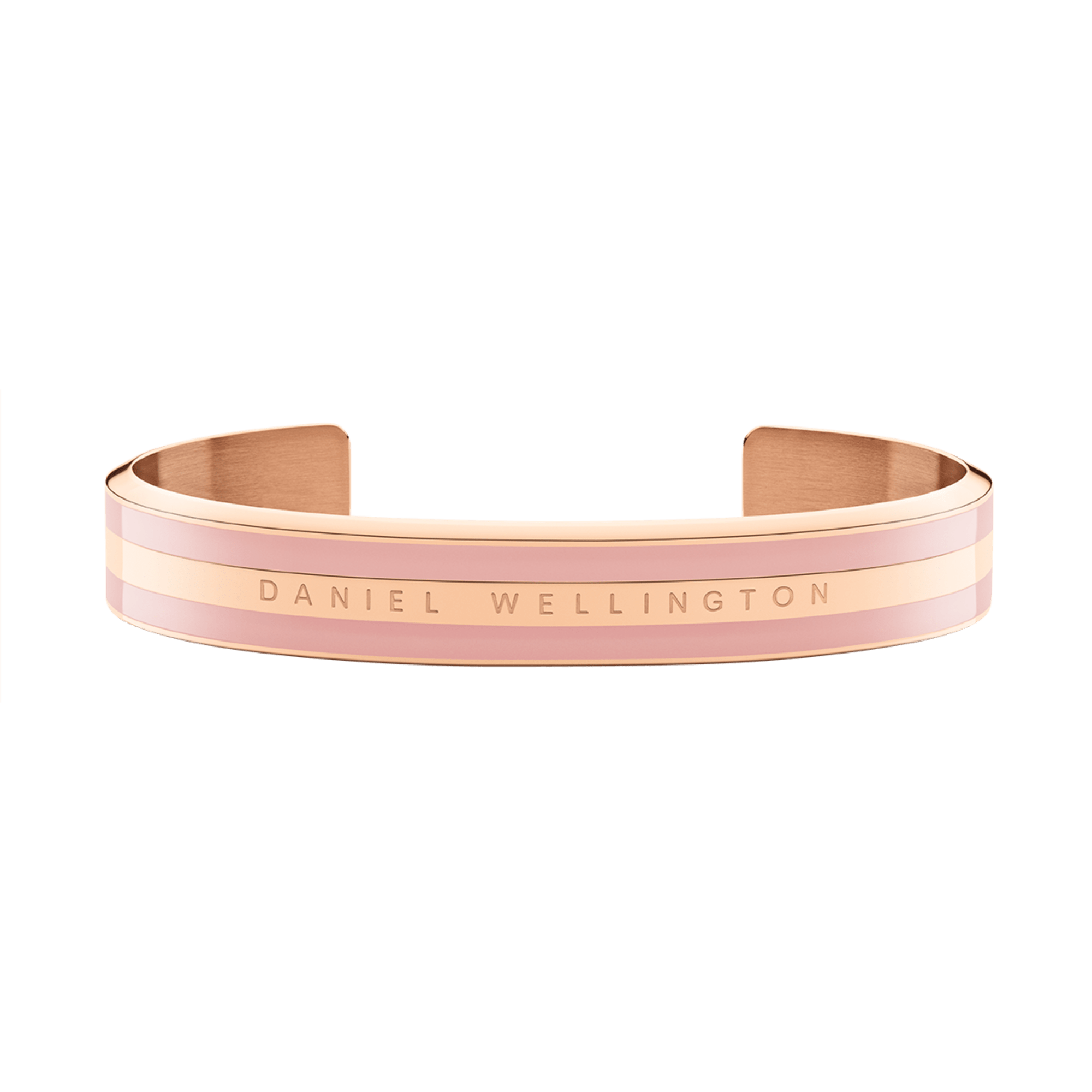 Classic Petite Melrose rose gold cuff bangle with pink enamel band and engraved branding