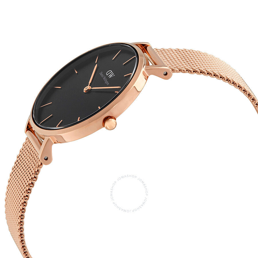 Daniel Wellington Classic Petite Melrose watch angled side view showing black dial and rose gold case
