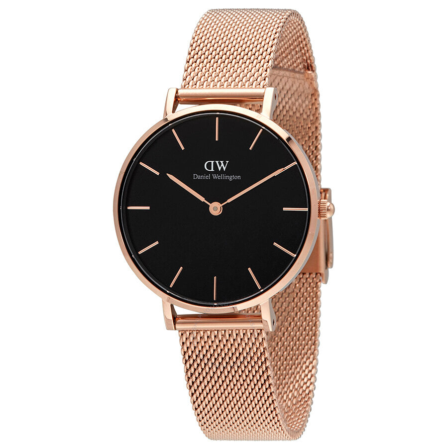 Daniel Wellington Classic Petite Melrose black dial ladies watch with rose gold mesh strap