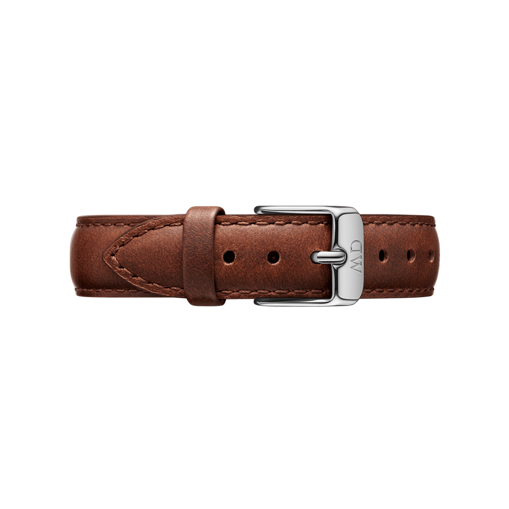 Brown leather watch strap with silver buckle and stitched detailing