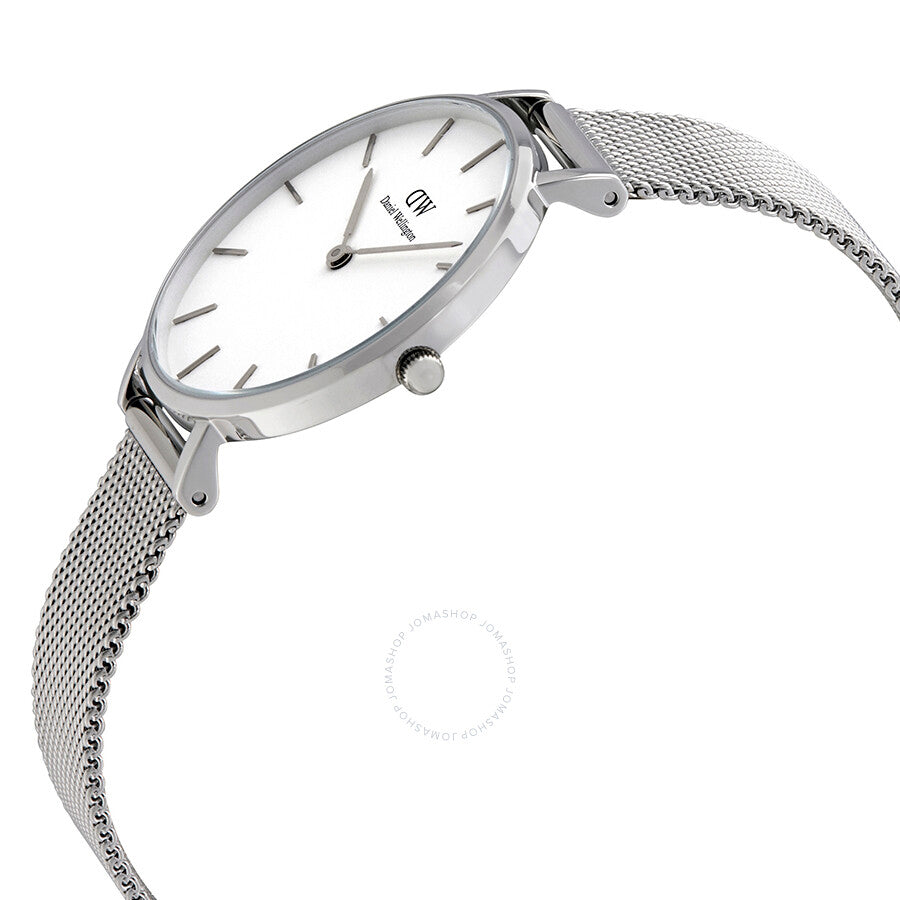 Angled view of Daniel Wellington Classic Petite Sterling watch showing case and mesh strap
