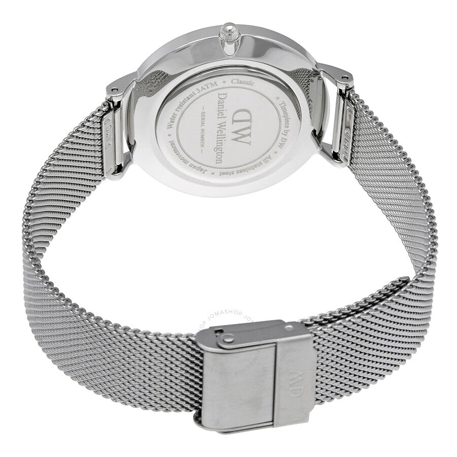 Case back of Daniel Wellington Classic Petite Sterling watch with engraved logo and mesh strap
