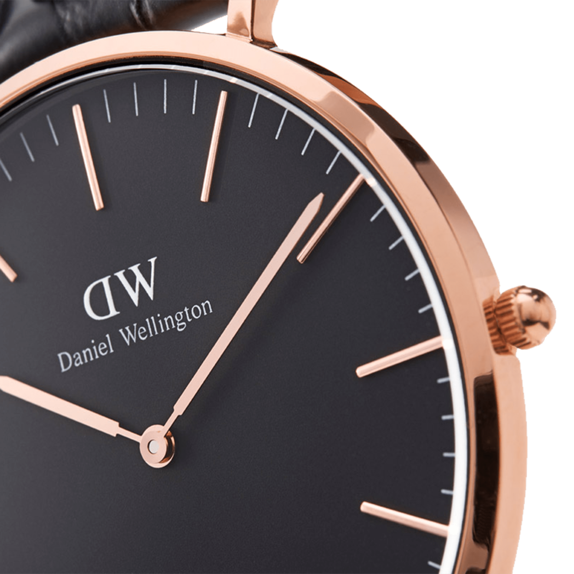 Close-up of black dial with rose gold hour markers and Daniel Wellington branding
