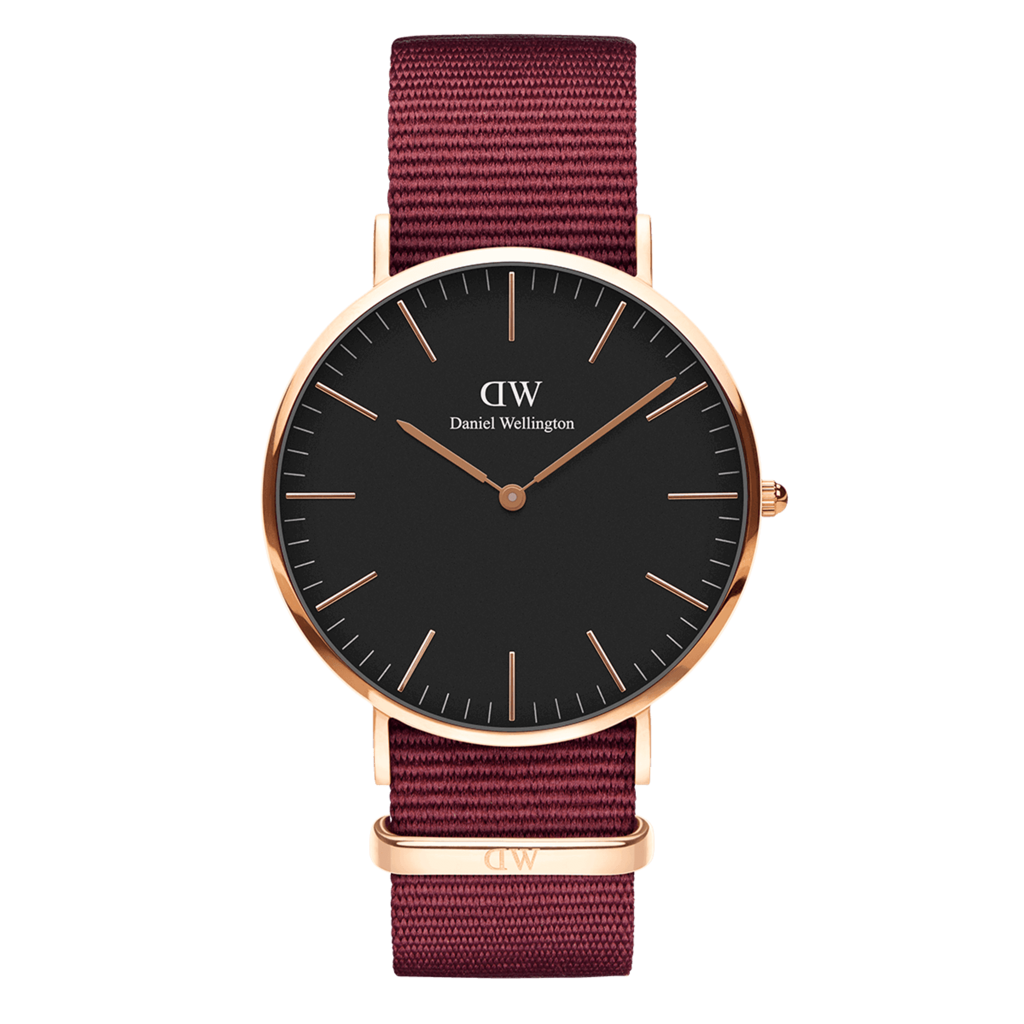 Daniel Wellington Classic Roselyn black dial watch with rose gold case and maroon nylon strap
