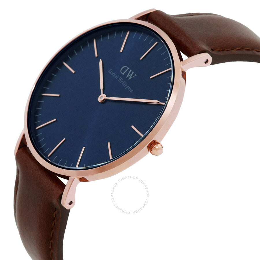 Side angle view of Classic St Mawes Arctic watch with rose gold case and dark brown strap