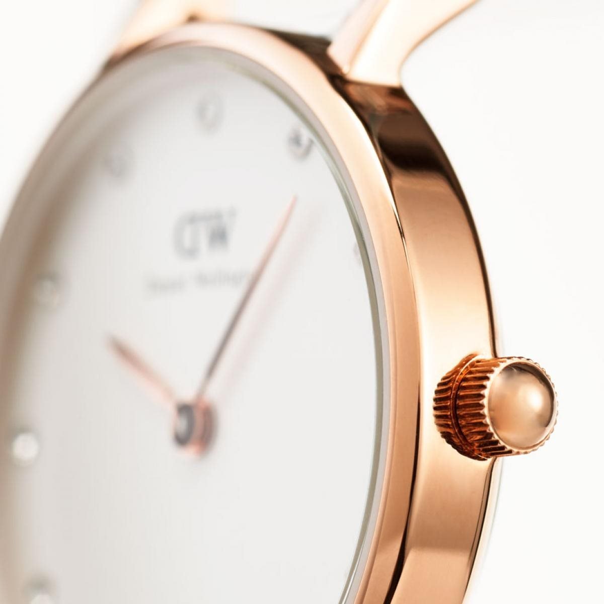 Daniel Wellington Classy Bristol watch side profile detail of rose gold case and crown