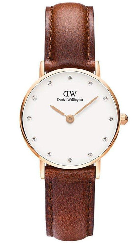 Daniel Wellington Classy St Mawes 26mm women's watch with rose gold case, white dial, and brown leather strap