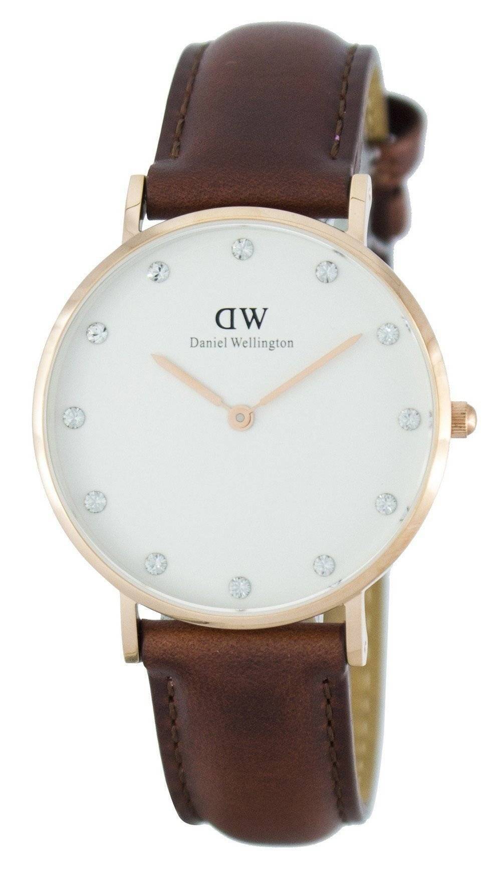 Daniel Wellington Classy St Mawes watch angled view showing rose gold case and brown leather strap