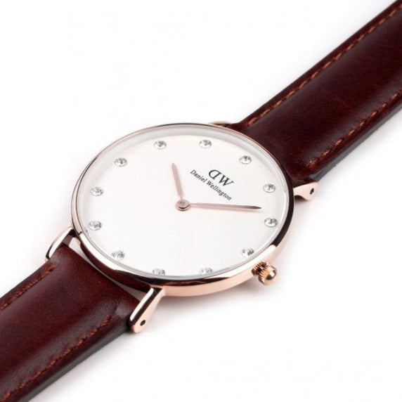 Daniel Wellington Classy St Mawes 34mm watch on wrist with brown leather strap