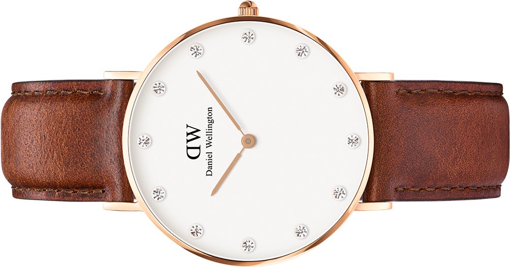 Side view of Daniel Wellington Classy St Mawes watch showing case profile and brown leather strap