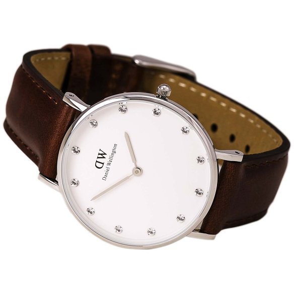 Daniel Wellington Classy St Mawes watch angled view showing brown leather strap detail