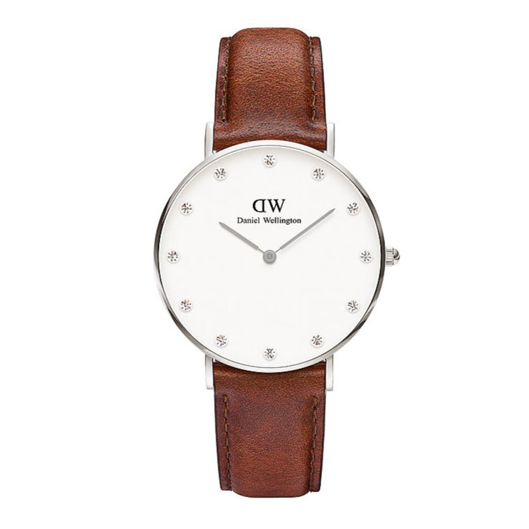 Daniel Wellington Classy St Mawes white dial watch with brown leather strap