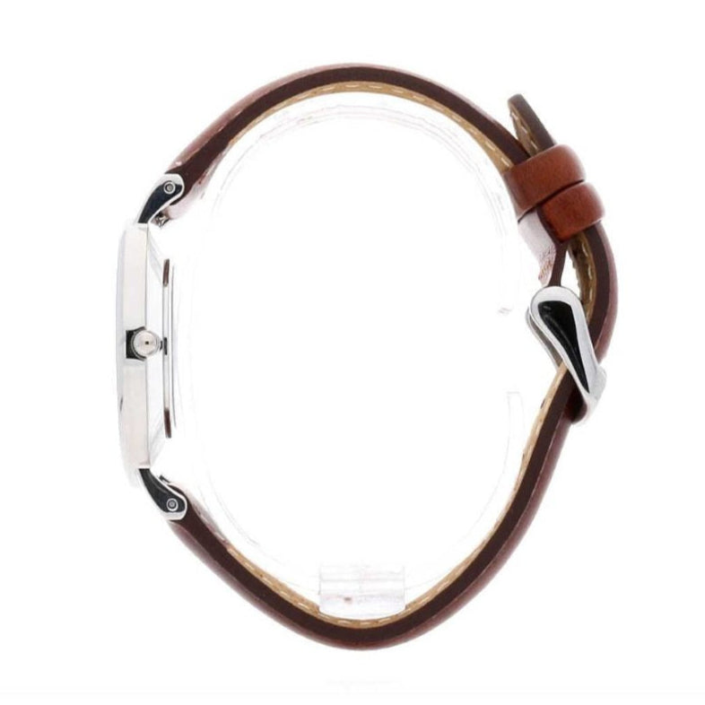 Daniel Wellington Classy St Mawes watch side view with silver case and brown leather strap