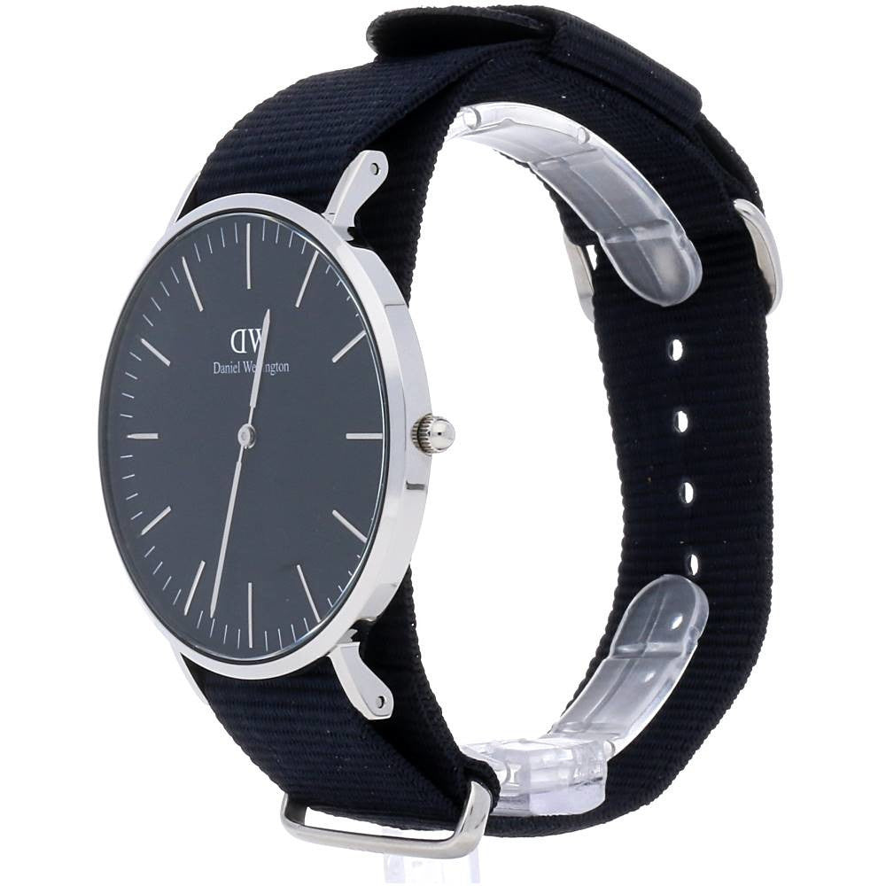 Daniel Wellington Cornwall watch from angle showing silver case and navy textile strap