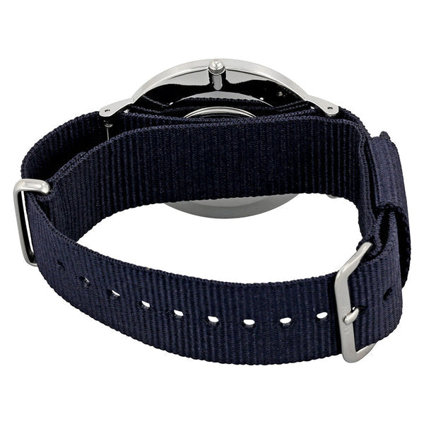 Daniel Wellington Cornwall watch caseback with navy nylon strap and adjustment holes