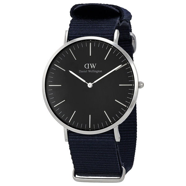 Daniel Wellington Cornwall 40mm silver men's watch with black dial and navy NATO strap