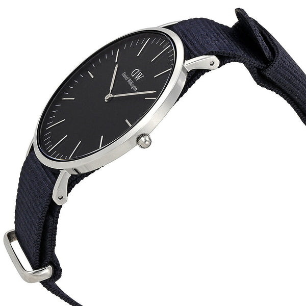 Daniel Wellington Cornwall watch side view showing case profile and navy strap