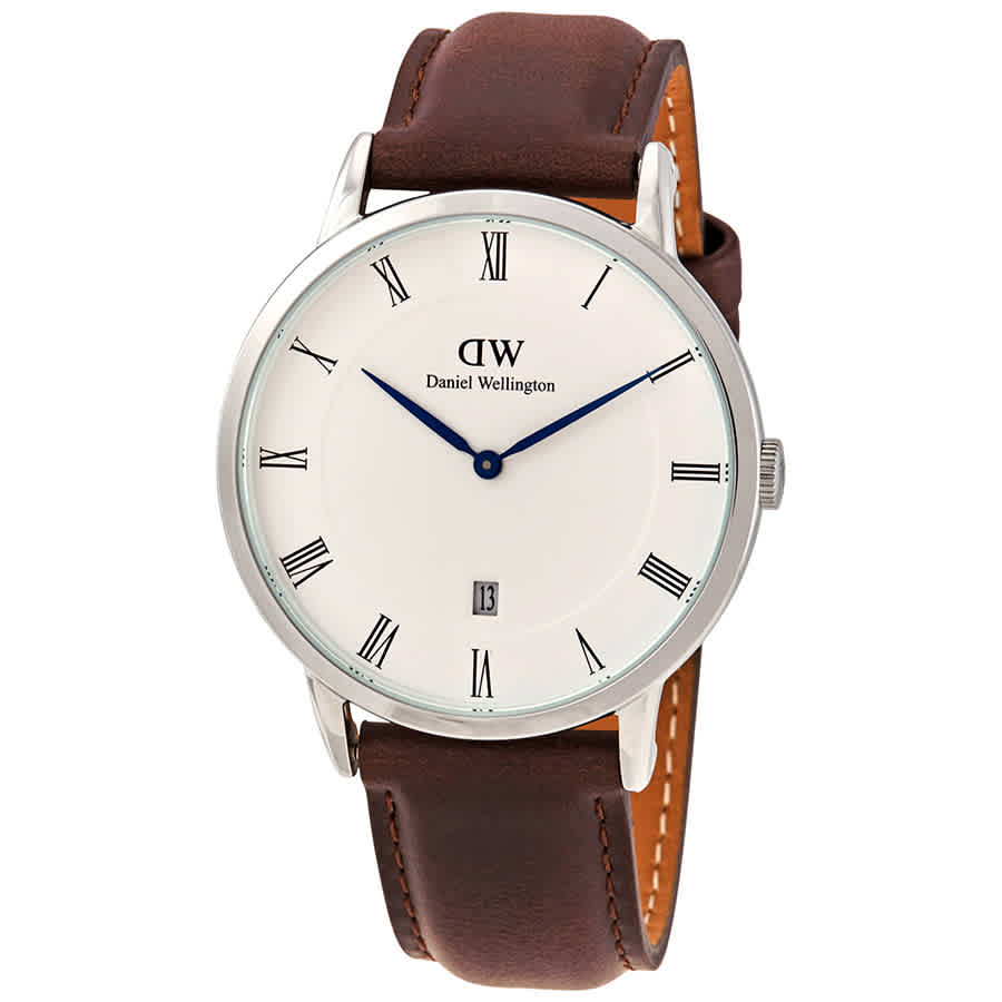 Daniel Wellington Dapper Bristol 38mm silver watch with cream dial and dark brown leather strap