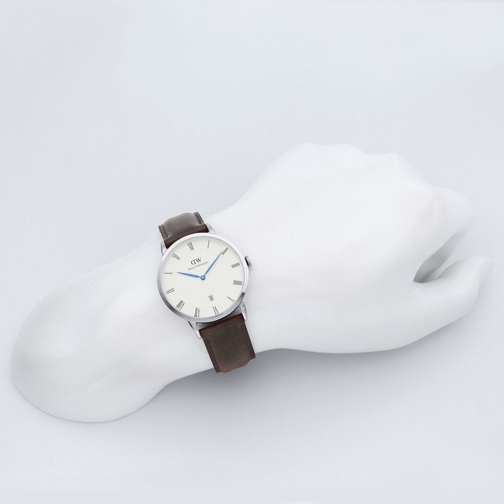 Daniel Wellington Dapper Bristol 38mm watch worn on wrist showing dial and leather strap