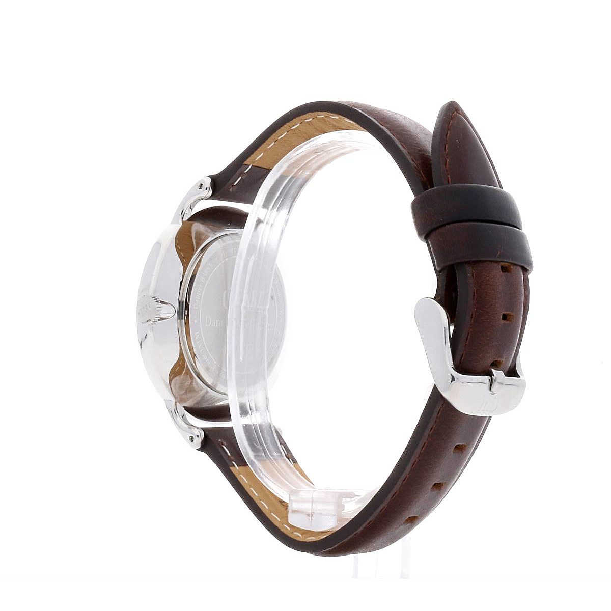 Side view of Daniel Wellington Dapper Bristol watch showing silver case and brown leather strap