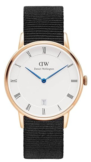 Daniel Wellington Dapper Cornwall white dial watch with rose gold case and black nylon strap