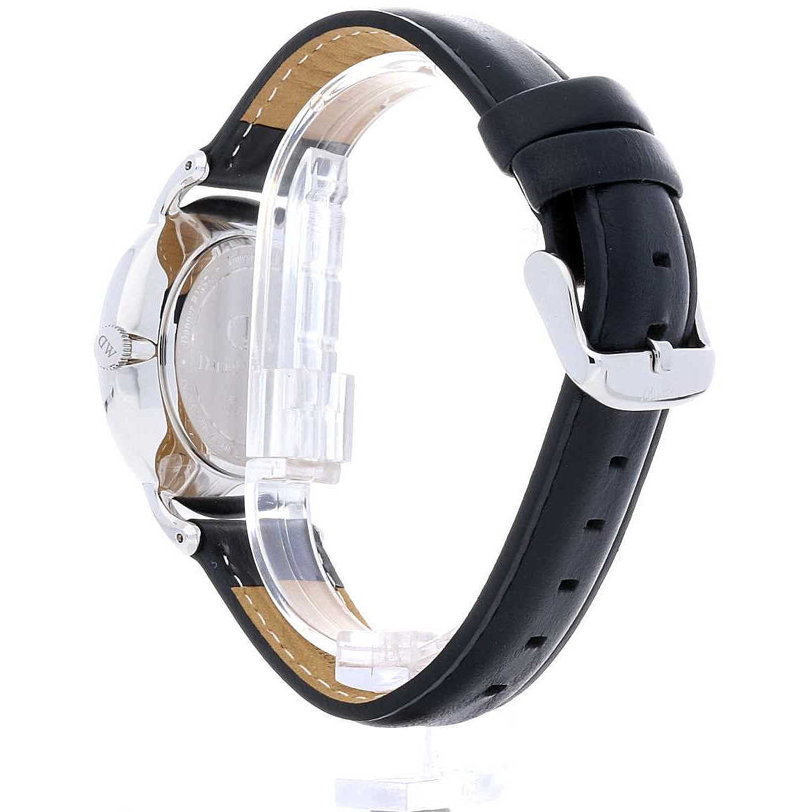 Daniel Wellington Dapper Sheffield watch angled view showing silver case and black leather strap