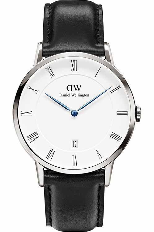 Daniel Wellington Dapper Sheffield 38mm silver watch with white dial and black leather strap