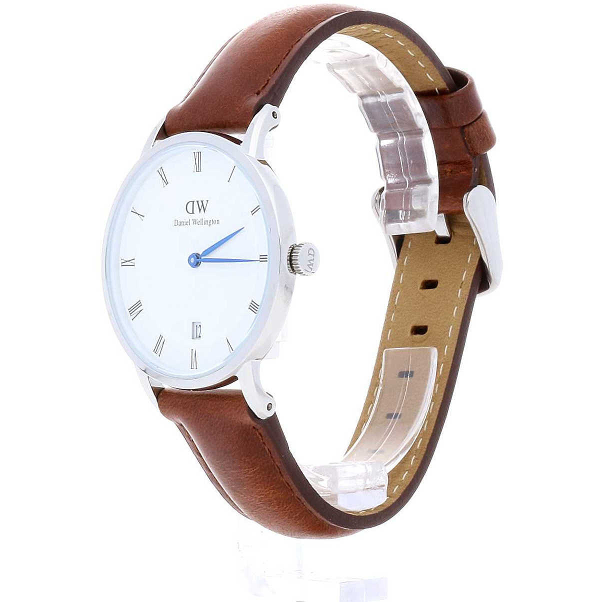 Daniel Wellington Dapper St Mawes angled view of silver case with brown leather strap