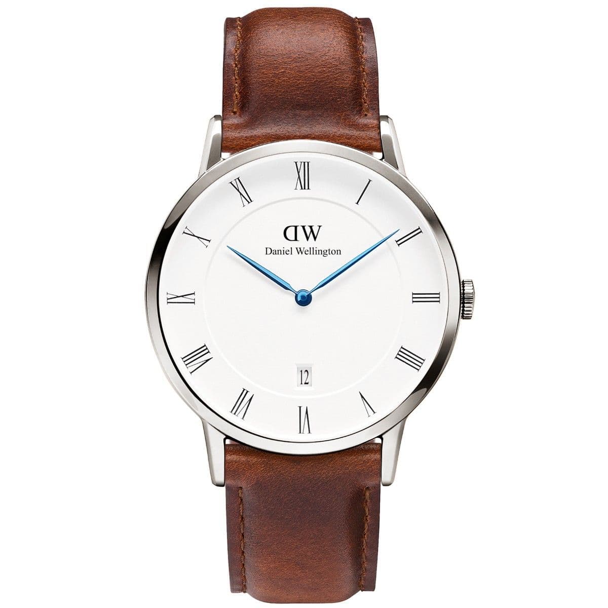 Daniel Wellington Dapper St Mawes silver 38mm watch with white dial and brown leather strap