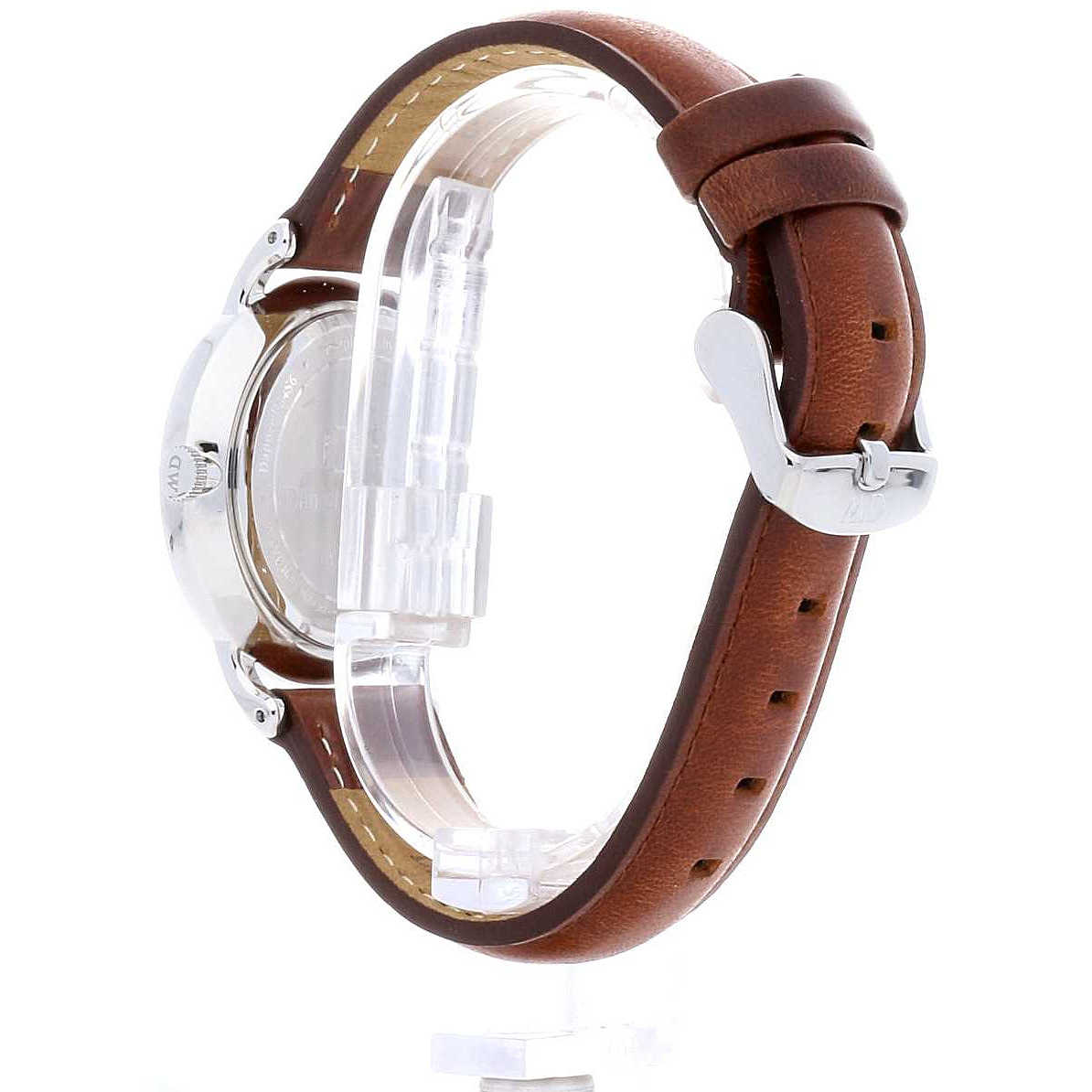 Daniel Wellington Dapper St Mawes side view showing silver case and brown leather strap