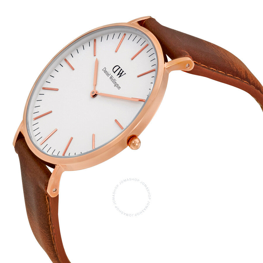 Daniel Wellington Durham watch angled view showing white dial, rose gold case, and brown strap