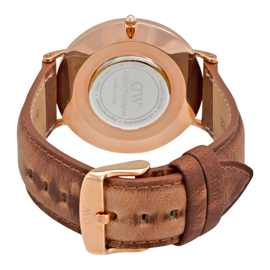 Daniel Wellington Durham watch caseback showing rose gold case and brown leather strap with buckle