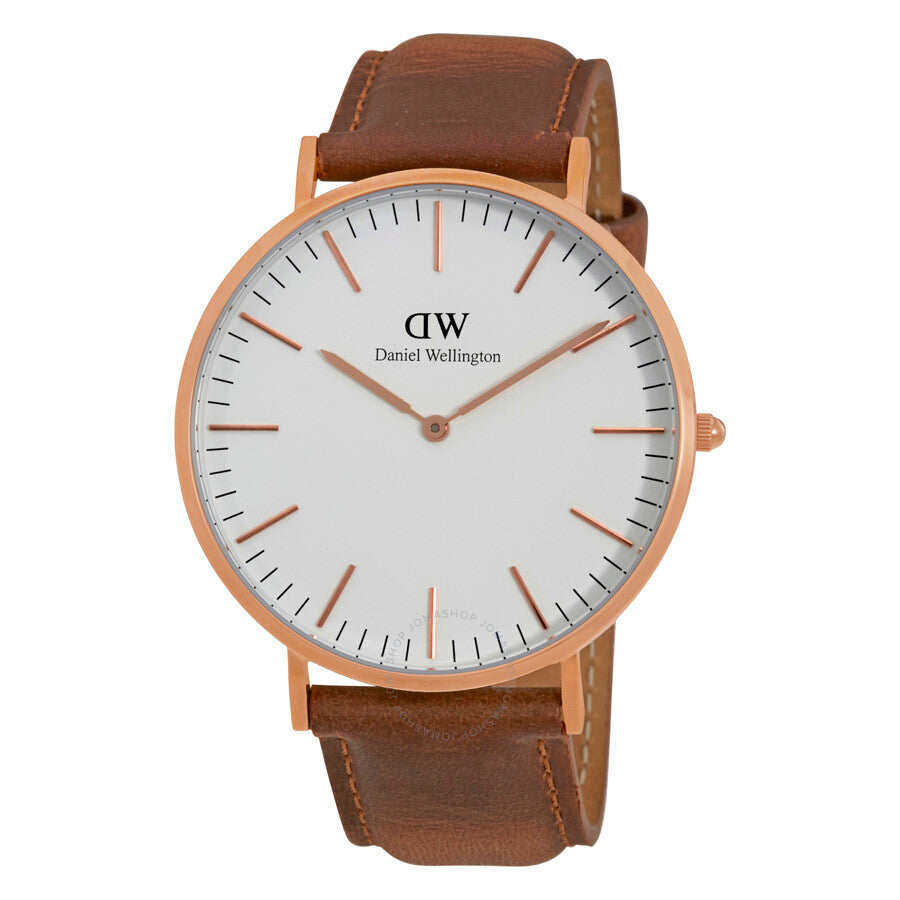 Daniel Wellington Durham white dial men's watch with rose gold case and brown leather strap