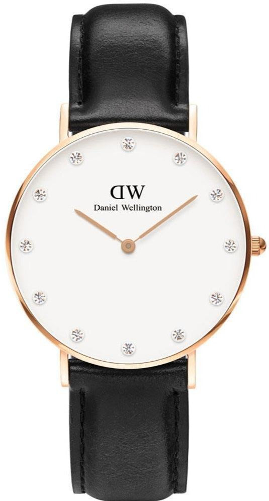 Daniel Wellington Classic Sheffield watch with white dial, rose gold case, and black leather strap