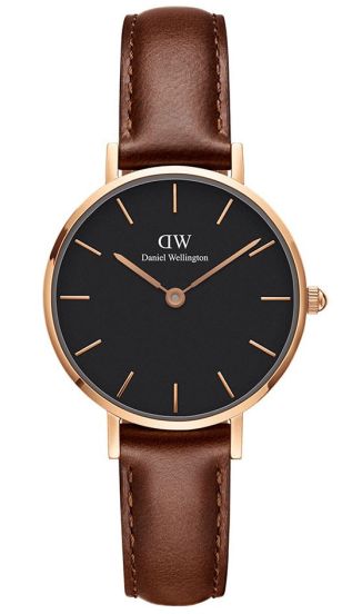 Daniel Wellington ladies watch with black dial, rose gold case, and brown leather strap