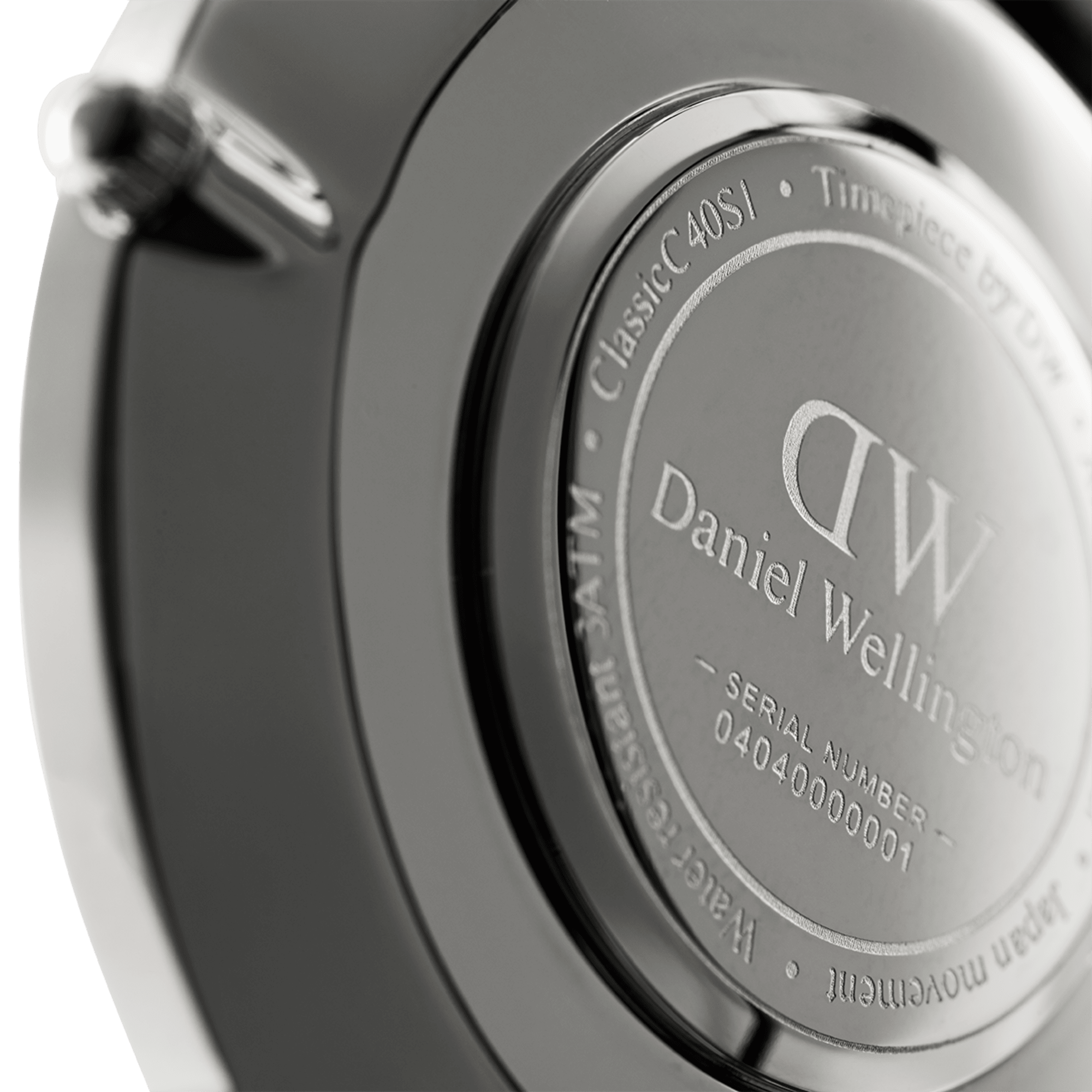 Case back showing DW logo, Daniel Wellington text, and serial number engraving