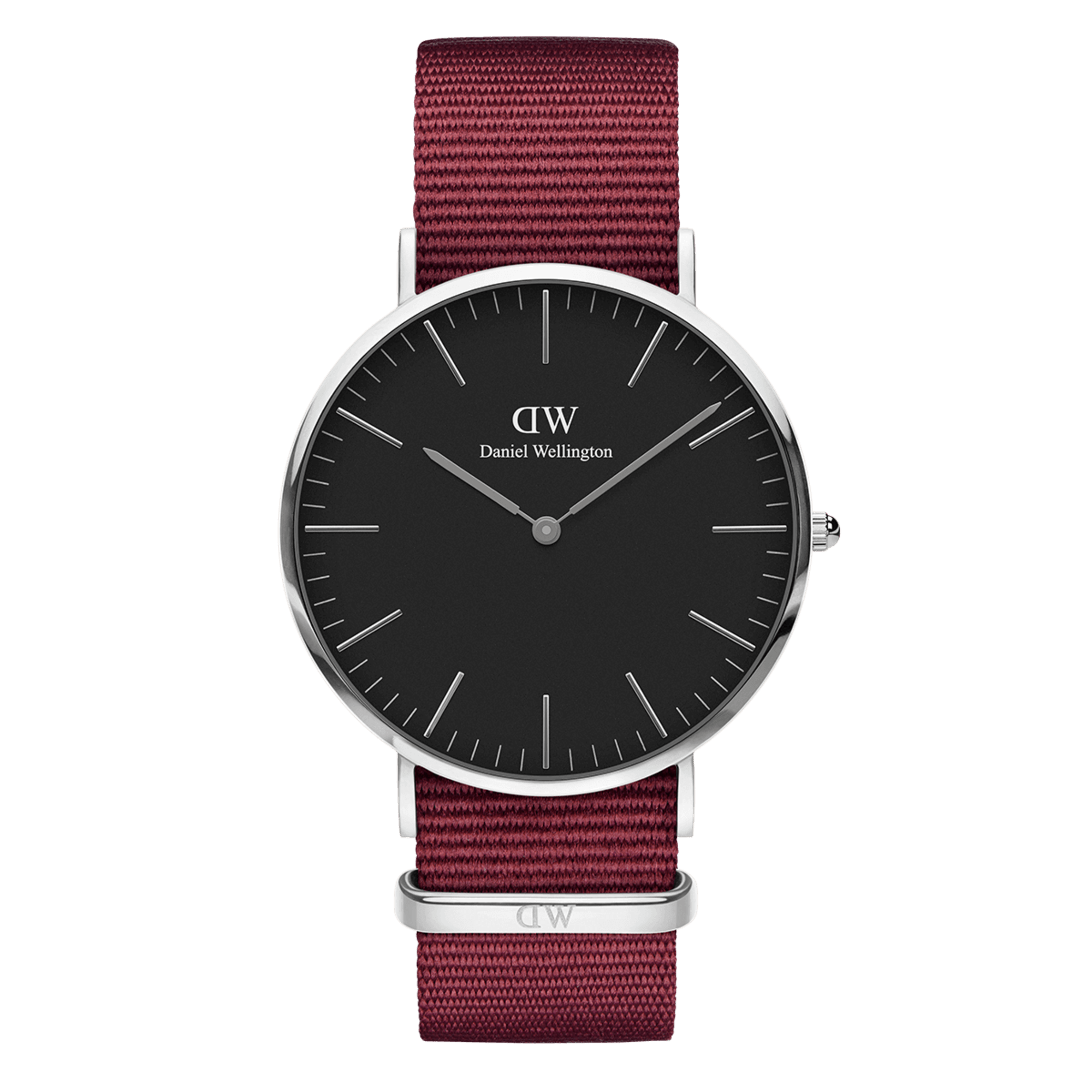 Daniel Wellington unisex watch with black dial, silver case, and burgundy fabric band
