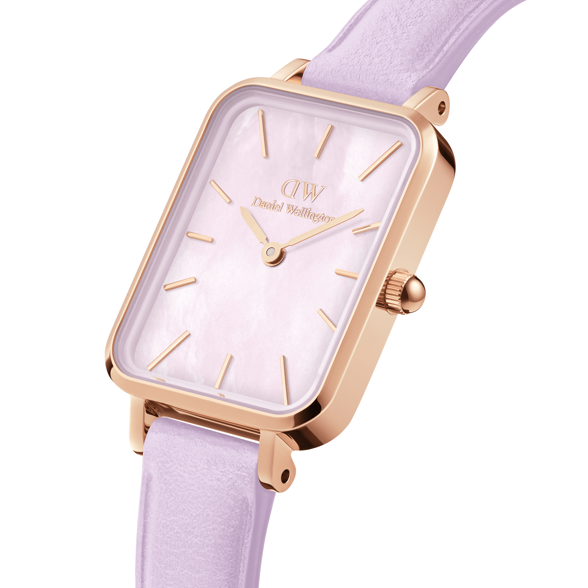 Daniel Wellington rose gold square case watch with lavender strap at side angle