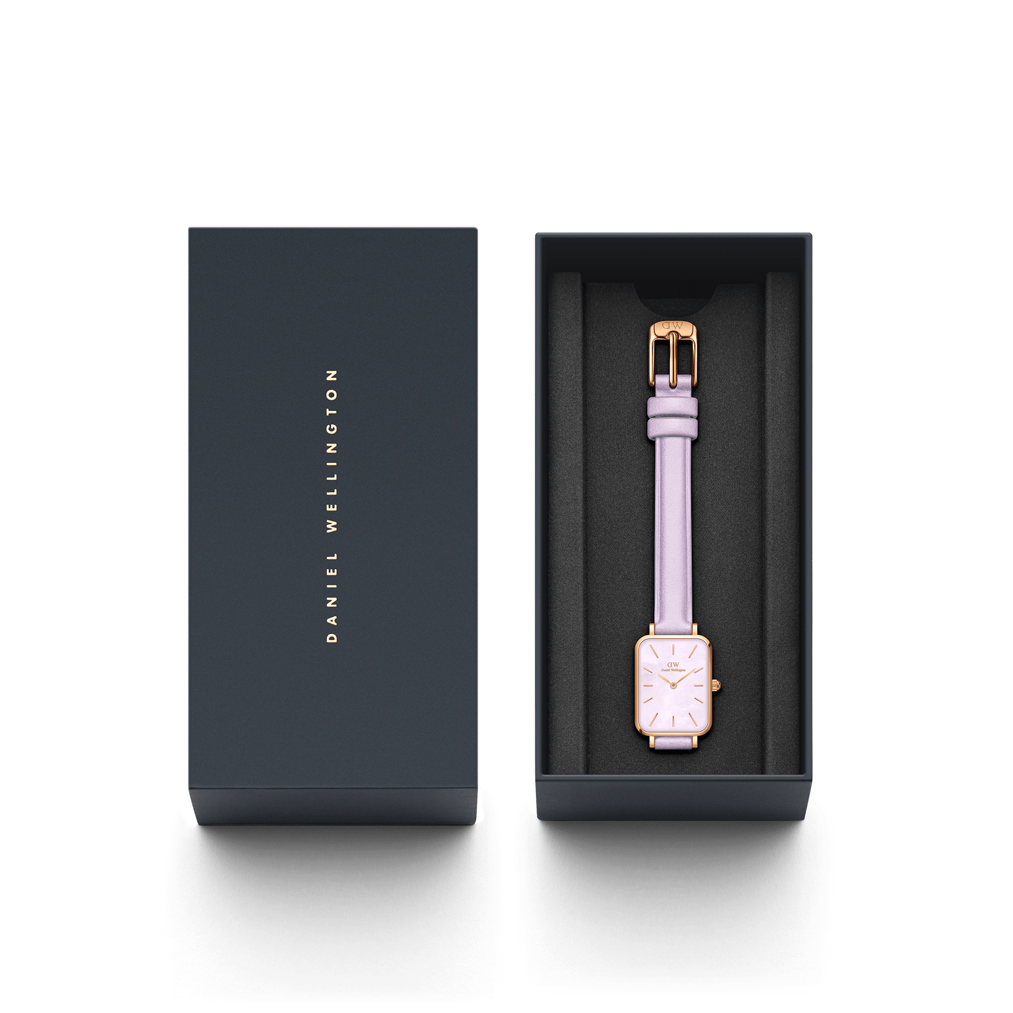 Daniel Wellington watch in black packaging box with lavender leather strap