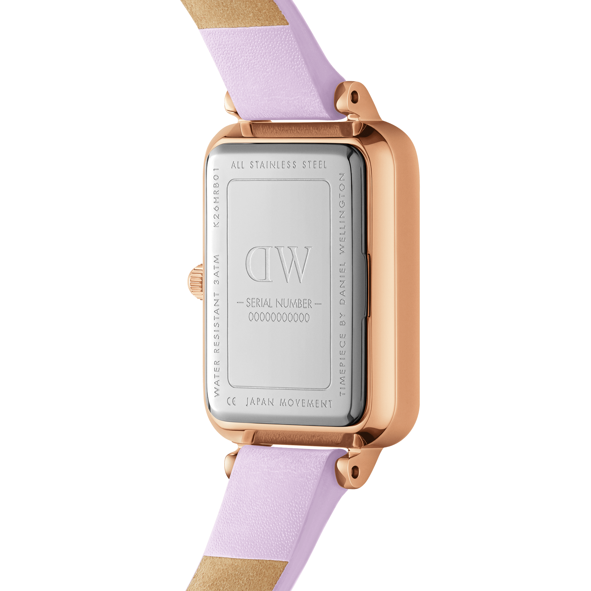 Daniel Wellington watch caseback showing stainless steel, DW branding and serial number