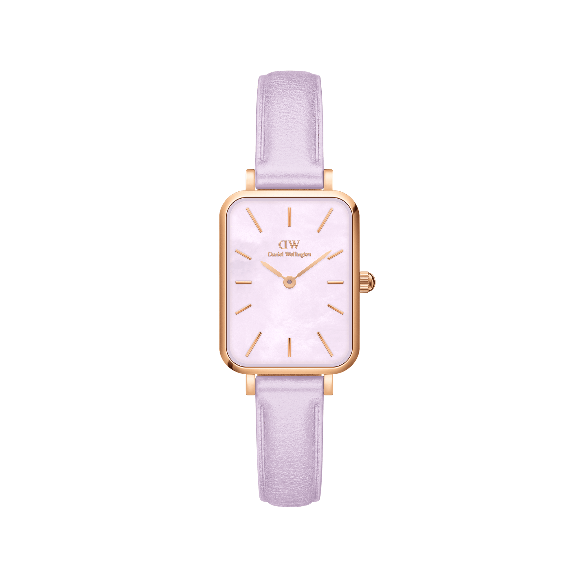 Daniel Wellington rose gold square quartz women's watch with white dial and lavender strap