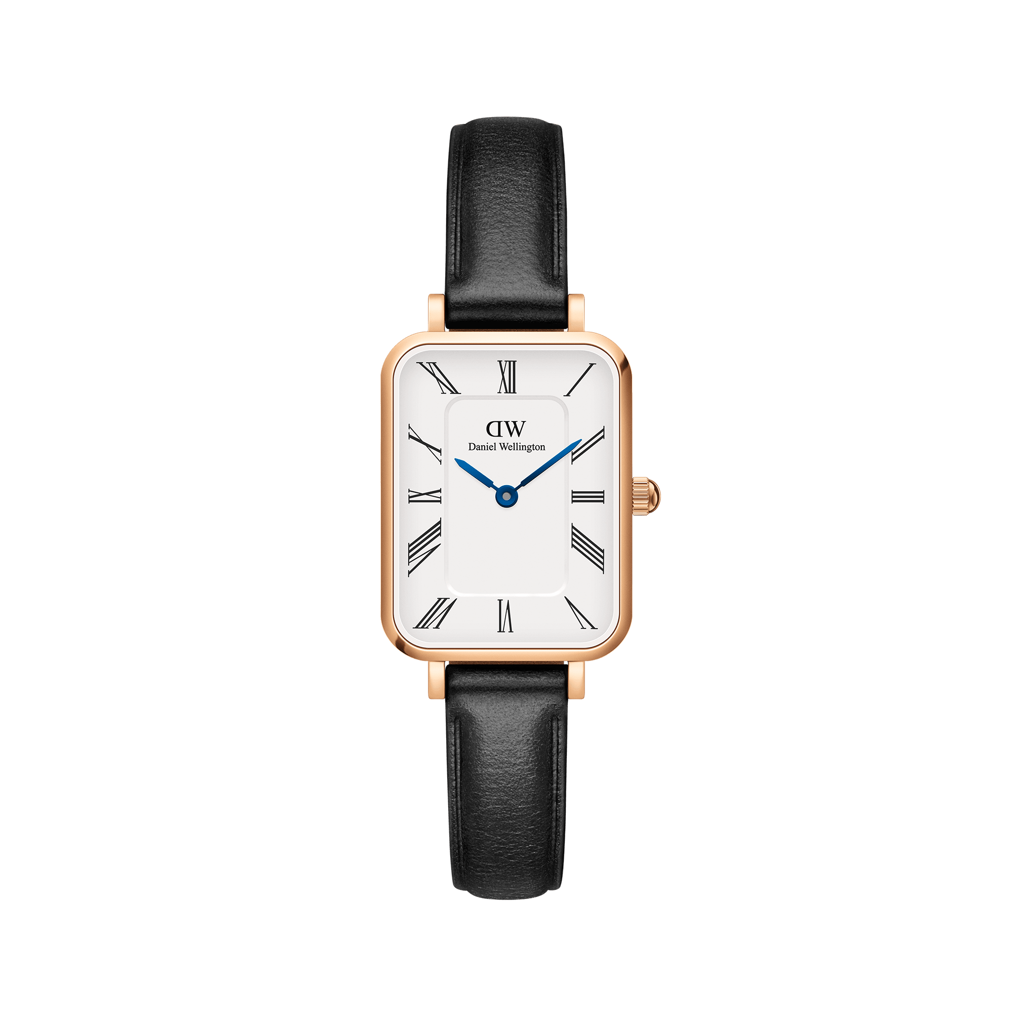 Daniel Wellington rose gold rectangular watch with white dial, Roman numerals, and blue hands on black strap