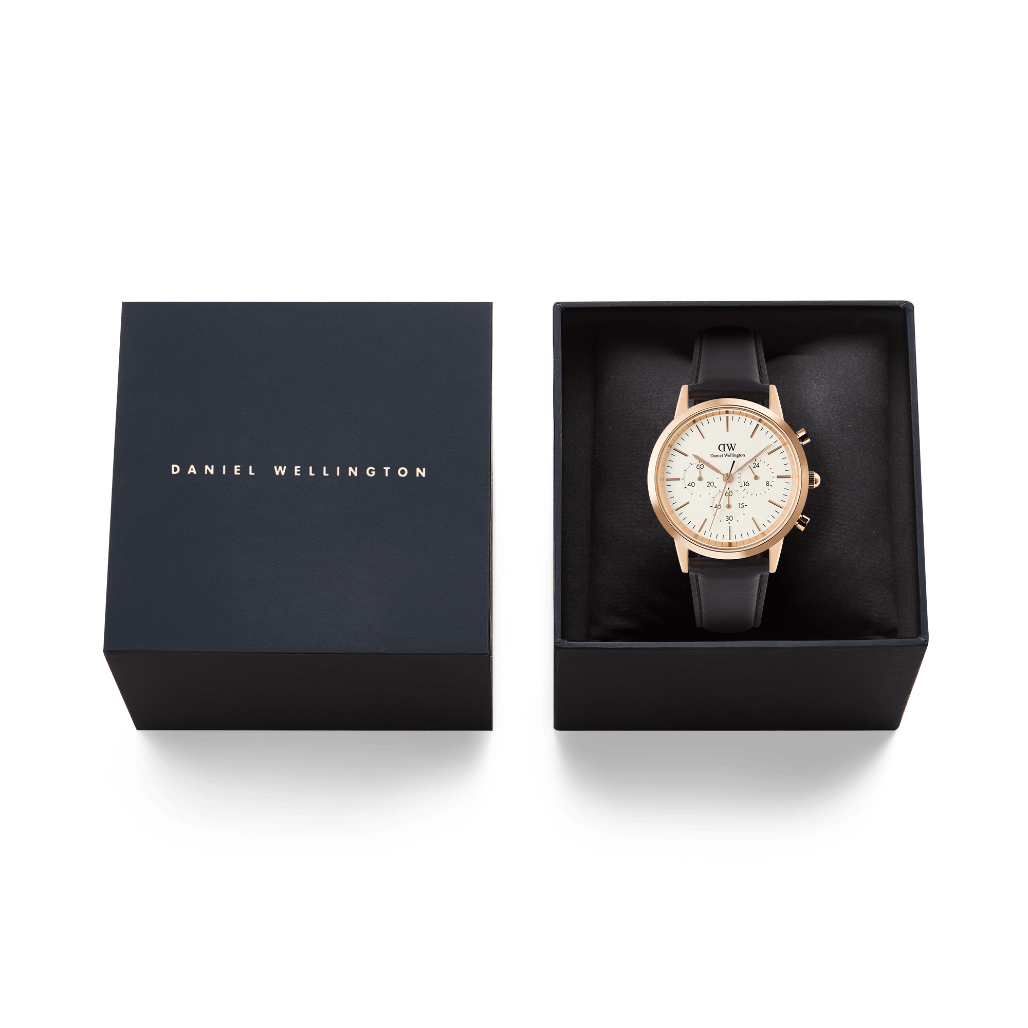 Daniel Wellington Iconic Chronograph watch in branded presentation box with navy blue exterior
