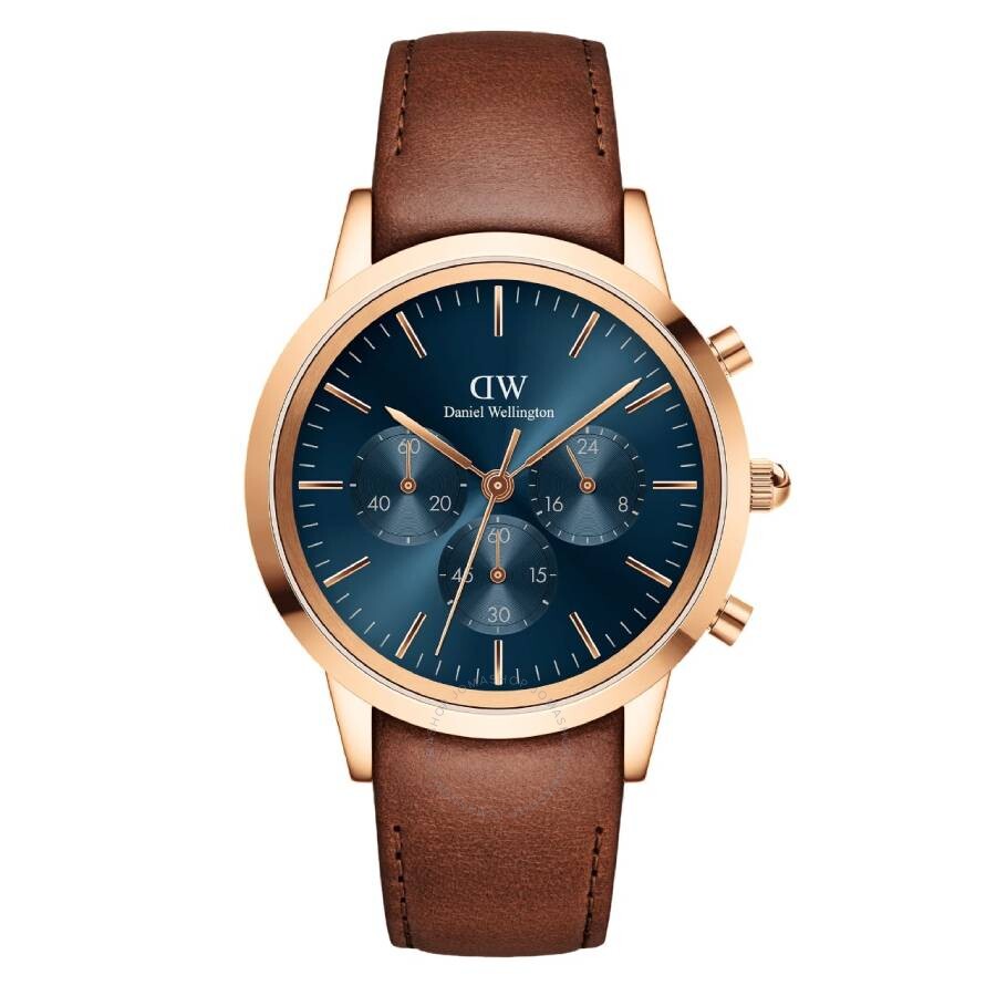 Daniel Wellington Iconic Chronograph St Mawes watch with rose gold case, navy blue dial, and brown leather strap
