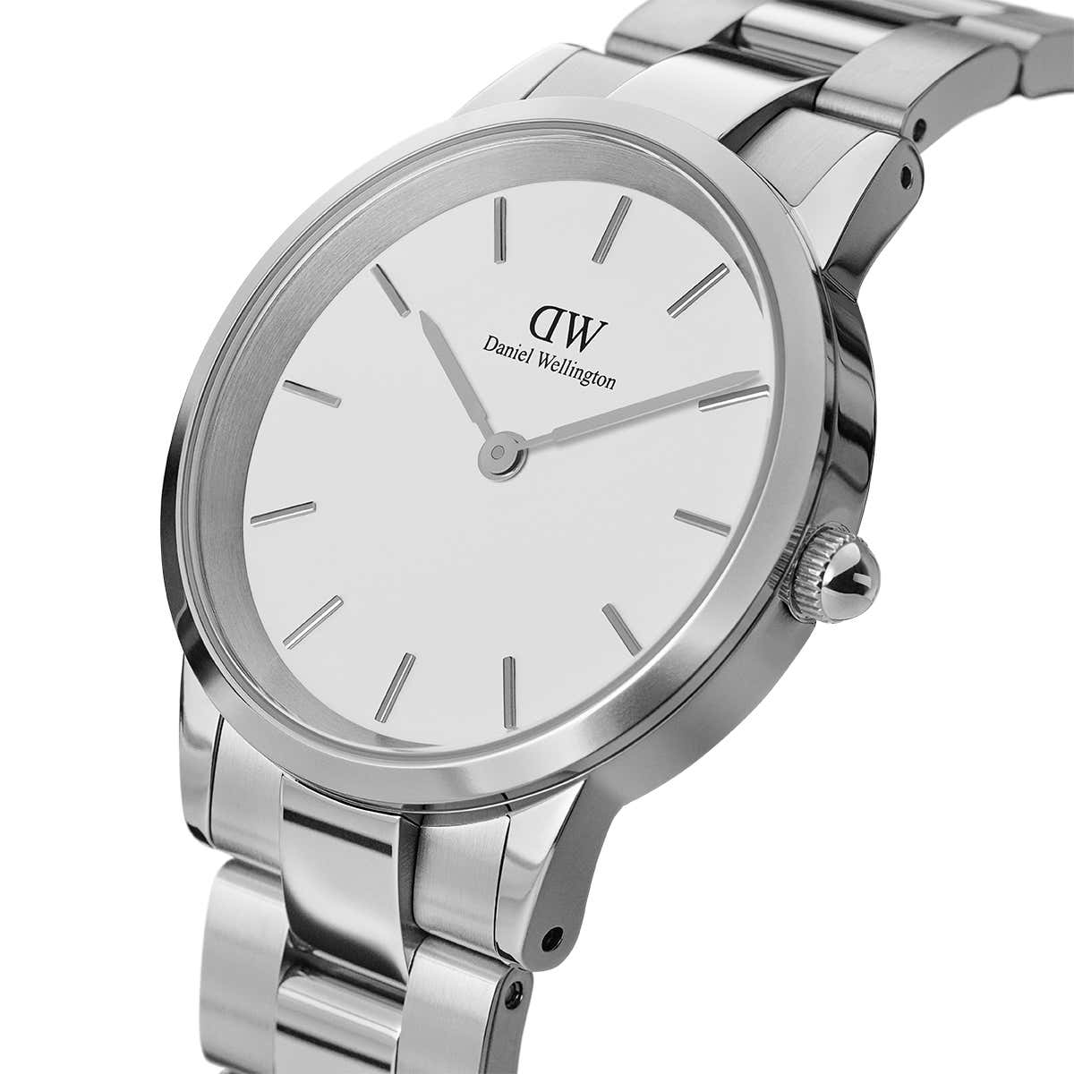 Iconic Link 36mm watch at side angle showing white dial and link bracelet detail