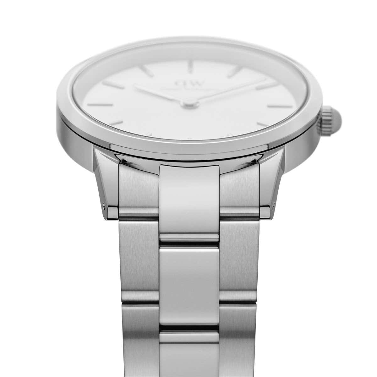Top-down view of Iconic Link 36mm watch showing dial, crown, and link bracelet