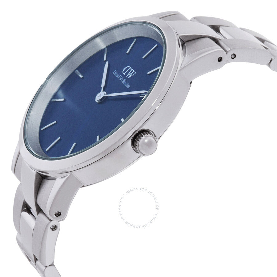Side angle view of Daniel Wellington Iconic Link watch with blue dial and silver metal bracelet