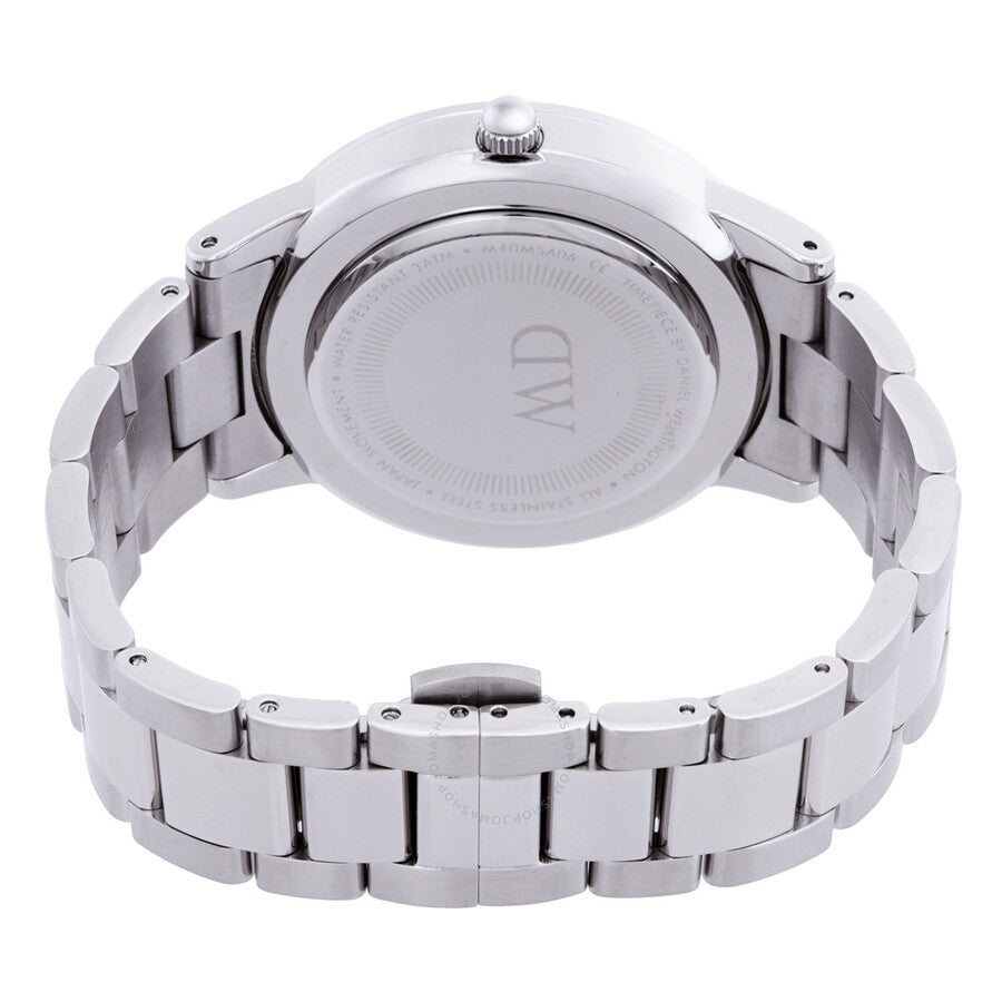 Daniel Wellington Iconic Link watch caseback showing stainless steel link bracelet and crown