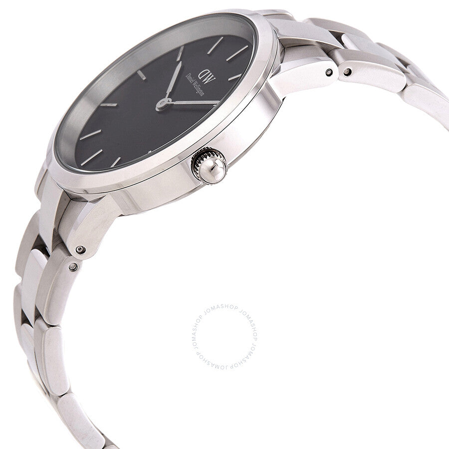 Side angle view of Daniel Wellington Iconic Link watch showing black dial and link bracelet